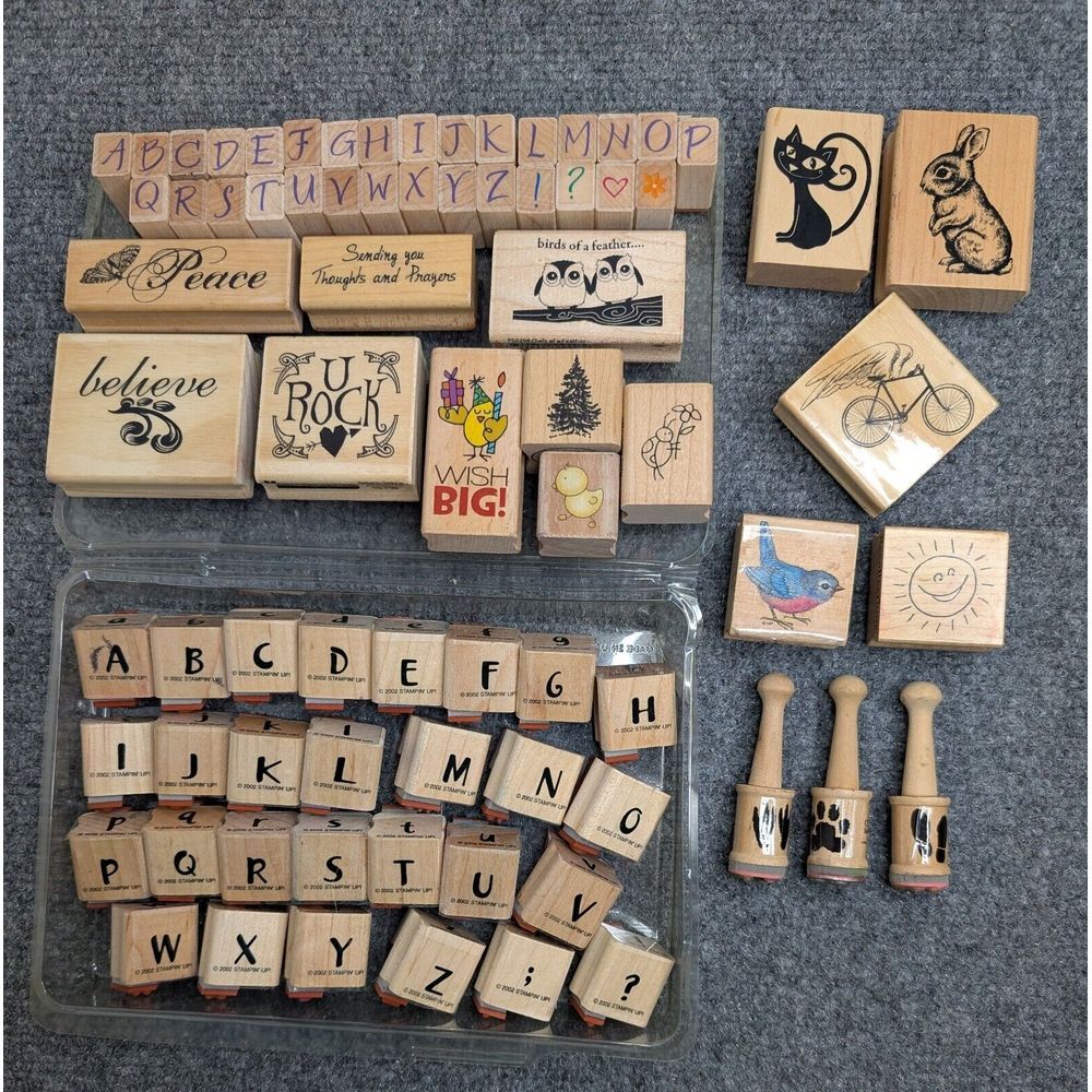 Lot Of 75 Rubber Stamps On Wood Backs 2 Alphabet Sets, Words & Animals